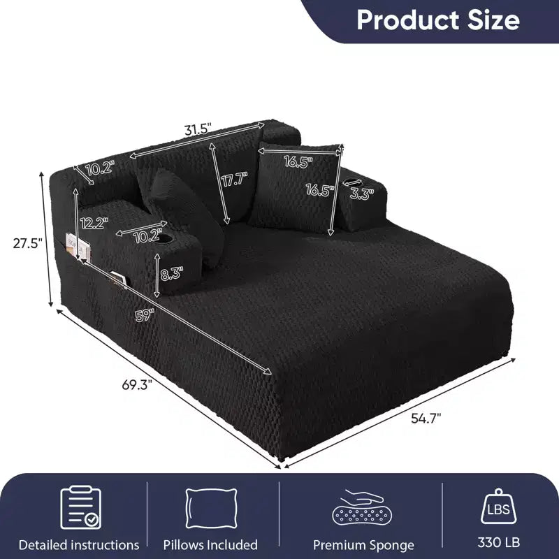 Mjkone 54Chaise Lounge Chair,Turtle Velvet Single Sofa Chair,Upholstered Reading Chair With Pillows,Cup Holders,Side Pockets
