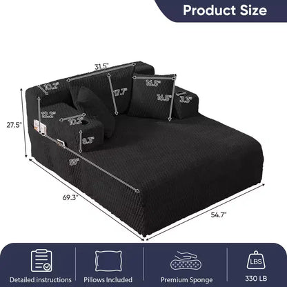 Mjkone 54Chaise Lounge Chair,Turtle Velvet Single Sofa Chair,Upholstered Reading Chair With Pillows,Cup Holders,Side Pockets