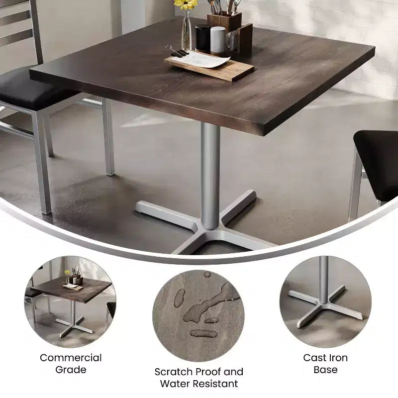 Flash Furniture Bennett Square Solid Wood Commercial Indoor Tabletop with 30 x 30 Dining Height Rust-Resistant Cast Iron X-Base