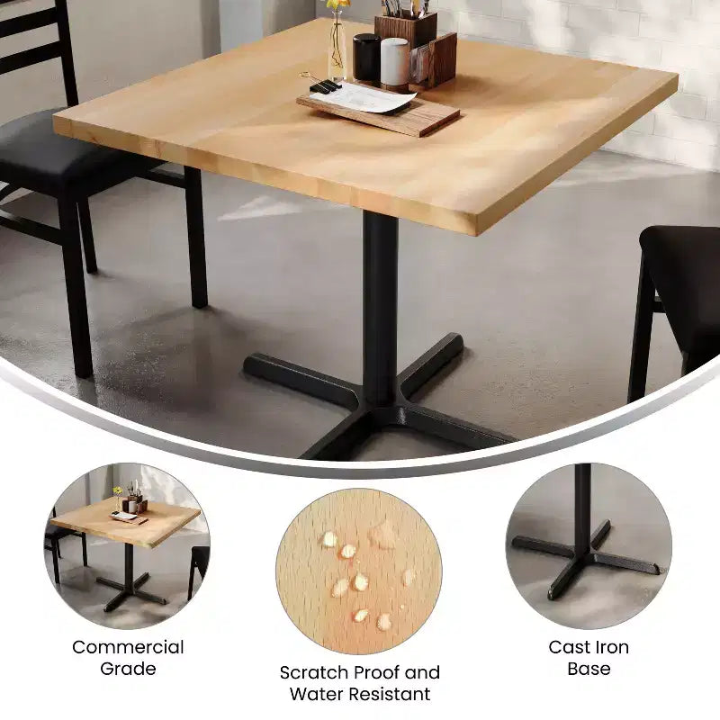Flash Furniture Bennett Square Solid Wood Commercial Indoor Tabletop with 30 x 30 Dining Height Rust-Resistant Cast Iron X-Base