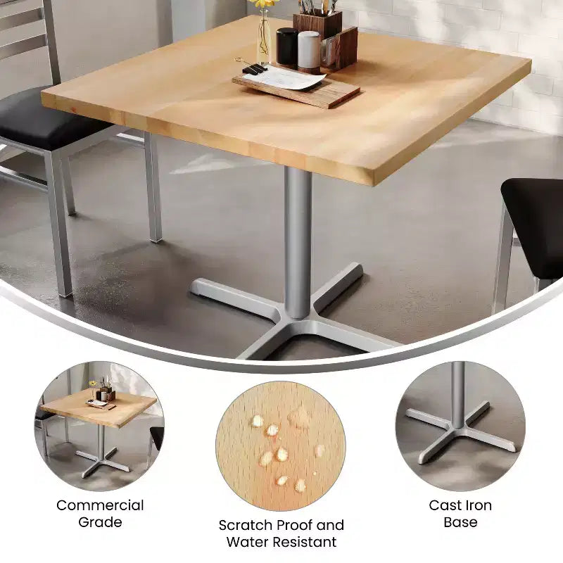 Flash Furniture Bennett Square Solid Wood Commercial Indoor Tabletop with 30 x 30 Dining Height Rust-Resistant Cast Iron X-Base
