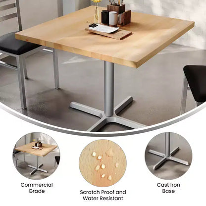 Flash Furniture Bennett Square Solid Wood Commercial Indoor Tabletop with 30 x 30 Dining Height Rust-Resistant Cast Iron X-Base