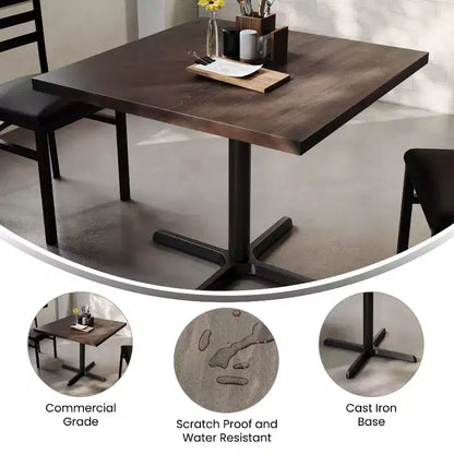 Flash Furniture Bennett Square Solid Wood Commercial Indoor Tabletop with 30 x 30 Dining Height Rust-Resistant Cast Iron X-Base