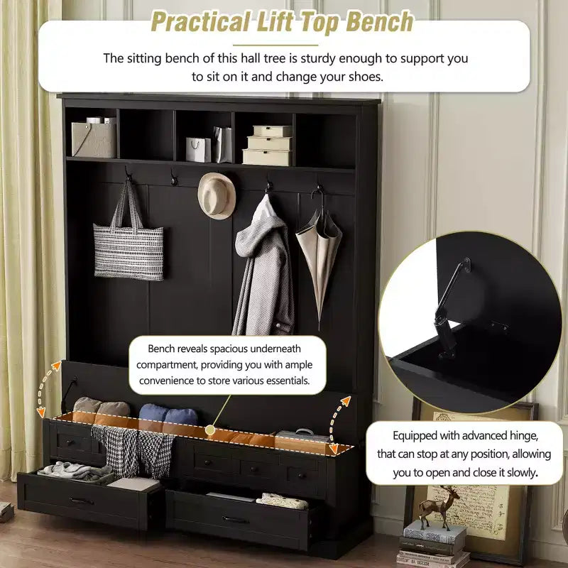 Okak Elegant Hall Tree with 5 Hooks, Wide Coat Rack with Lift-Top Storage Bench and 2 Drawers, Coat Tree for Living Room, Hallway, Black