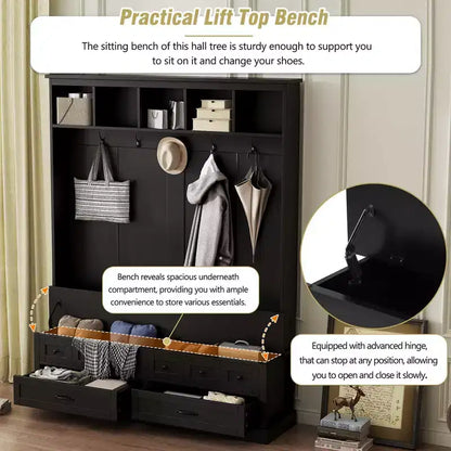 Okak Elegant Hall Tree with 5 Hooks, Wide Coat Rack with Lift-Top Storage Bench and 2 Drawers, Coat Tree for Living Room, Hallway, Black