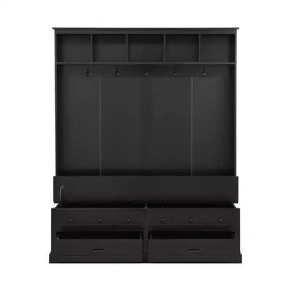 Okak Elegant Hall Tree with 5 Hooks, Wide Coat Rack with Lift-Top Storage Bench and 2 Drawers, Coat Tree for Living Room, Hallway, Black