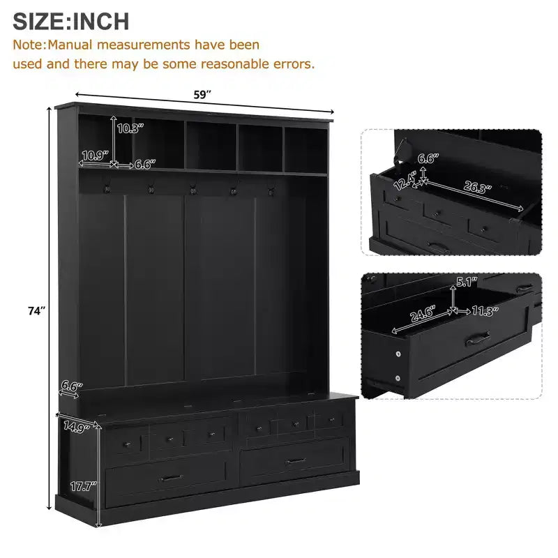 Okak Elegant Hall Tree with 5 Hooks, Wide Coat Rack with Lift-Top Storage Bench and 2 Drawers, Coat Tree for Living Room, Hallway, Black