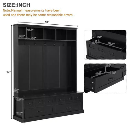 Okak Elegant Hall Tree with 5 Hooks, Wide Coat Rack with Lift-Top Storage Bench and 2 Drawers, Coat Tree for Living Room, Hallway, Black