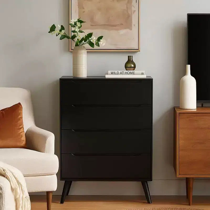 Royal Hampton 4 Drawer Wooden Chest With Round Tapered Legs, Black