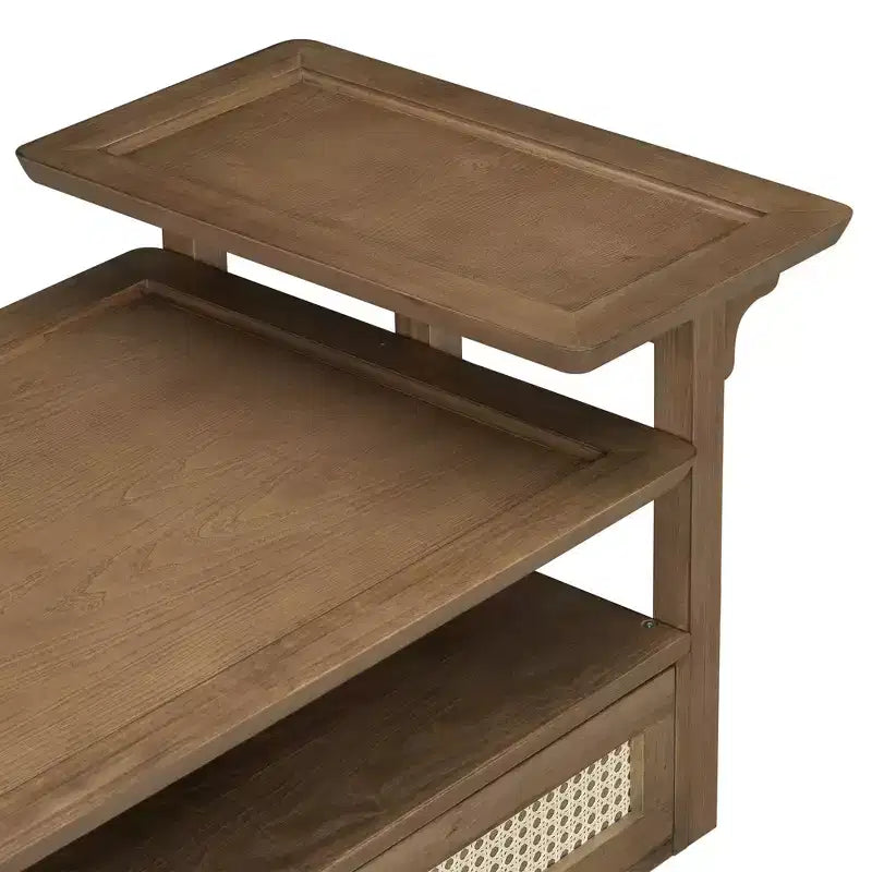 2 Tier Coffee Table with Rattan Drawer, Wood Square Center Table with Storage Shelf and 2 Tabletops for Living Room