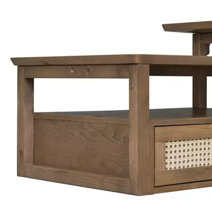 2 Tier Coffee Table with Rattan Drawer, Wood Square Center Table with Storage Shelf and 2 Tabletops for Living Room
