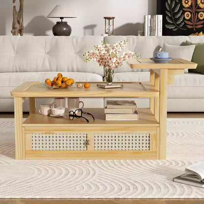 2 Tier Coffee Table with Rattan Drawer, Wood Square Center Table with Storage Shelf and 2 Tabletops for Living Room