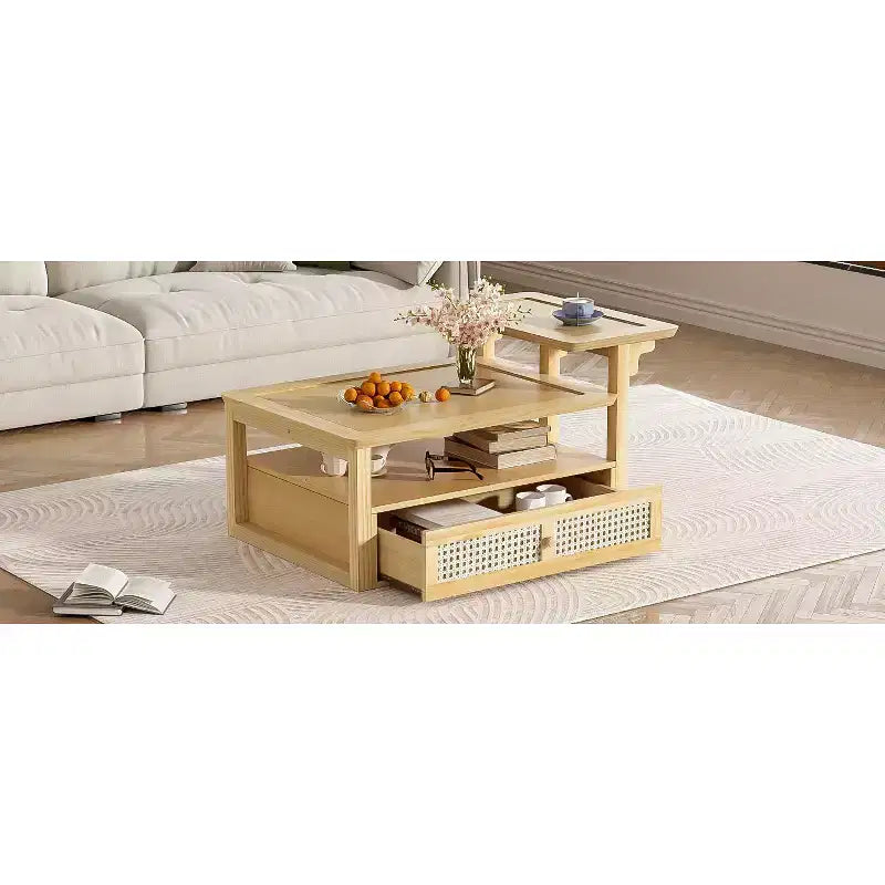 2 Tier Coffee Table with Rattan Drawer, Wood Square Center Table with Storage Shelf and 2 Tabletops for Living Room