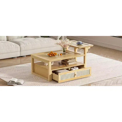 2 Tier Coffee Table with Rattan Drawer, Wood Square Center Table with Storage Shelf and 2 Tabletops for Living Room