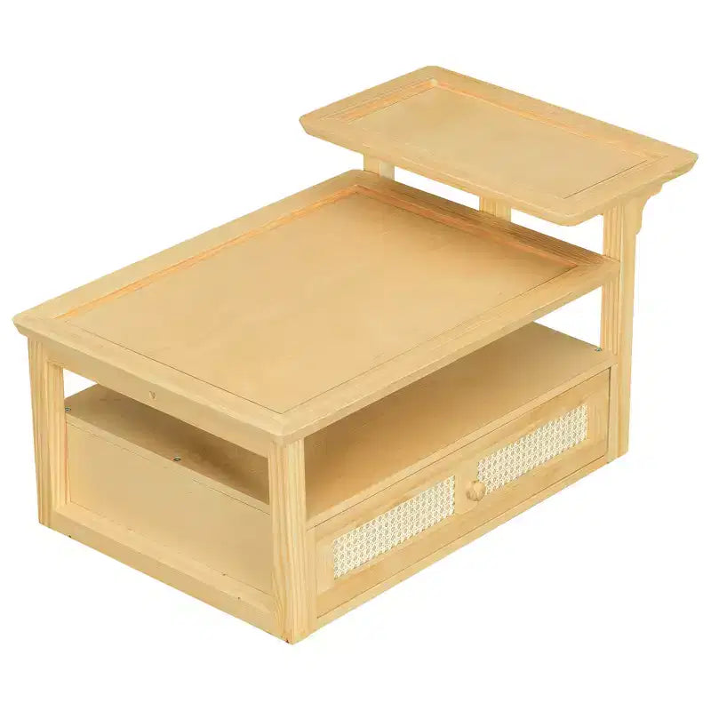 2 Tier Coffee Table with Rattan Drawer, Wood Square Center Table with Storage Shelf and 2 Tabletops for Living Room