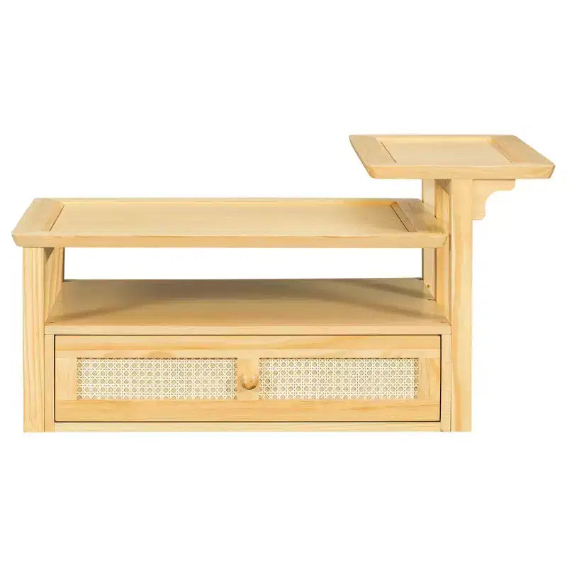 2 Tier Coffee Table with Rattan Drawer, Wood Square Center Table with Storage Shelf and 2 Tabletops for Living Room