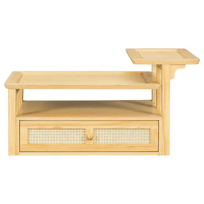 2 Tier Coffee Table with Rattan Drawer, Wood Square Center Table with Storage Shelf and 2 Tabletops for Living Room