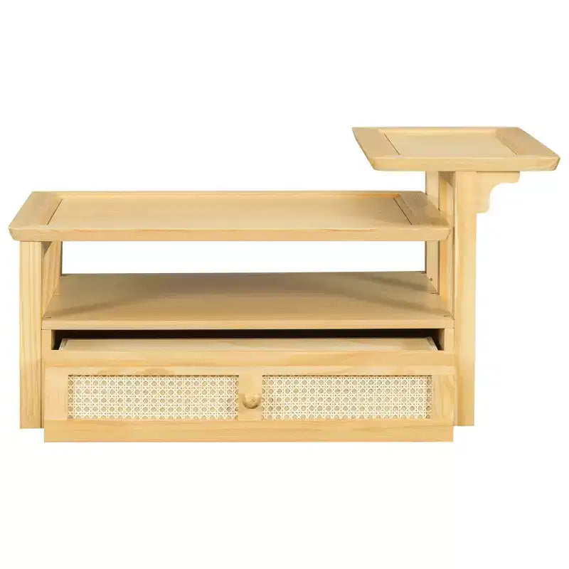 2 Tier Coffee Table with Rattan Drawer, Wood Square Center Table with Storage Shelf and 2 Tabletops for Living Room