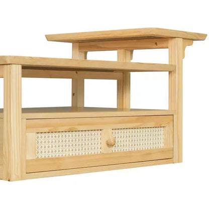 2 Tier Coffee Table with Rattan Drawer, Wood Square Center Table with Storage Shelf and 2 Tabletops for Living Room