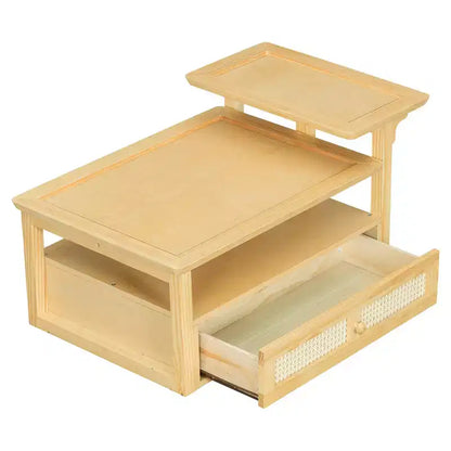 2 Tier Coffee Table with Rattan Drawer, Wood Square Center Table with Storage Shelf and 2 Tabletops for Living Room