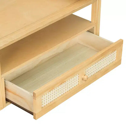 2 Tier Coffee Table with Rattan Drawer, Wood Square Center Table with Storage Shelf and 2 Tabletops for Living Room