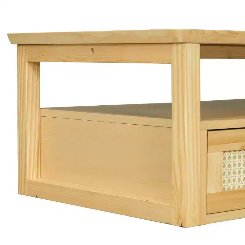 2 Tier Coffee Table with Rattan Drawer, Wood Square Center Table with Storage Shelf and 2 Tabletops for Living Room
