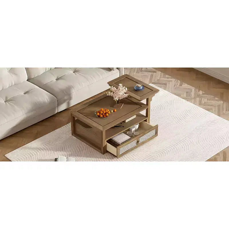 2 Tier Coffee Table with Rattan Drawer, Wood Square Center Table with Storage Shelf and 2 Tabletops for Living Room