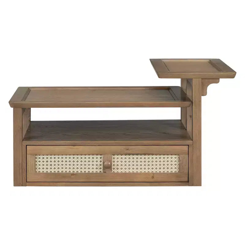 2 Tier Coffee Table with Rattan Drawer, Wood Square Center Table with Storage Shelf and 2 Tabletops for Living Room