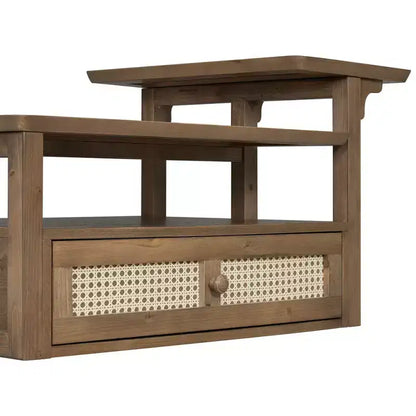 2 Tier Coffee Table with Rattan Drawer, Wood Square Center Table with Storage Shelf and 2 Tabletops for Living Room