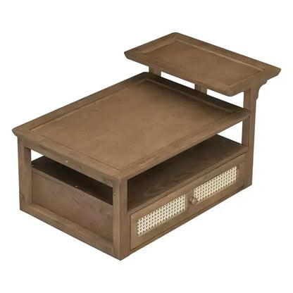 2 Tier Coffee Table with Rattan Drawer, Wood Square Center Table with Storage Shelf and 2 Tabletops for Living Room