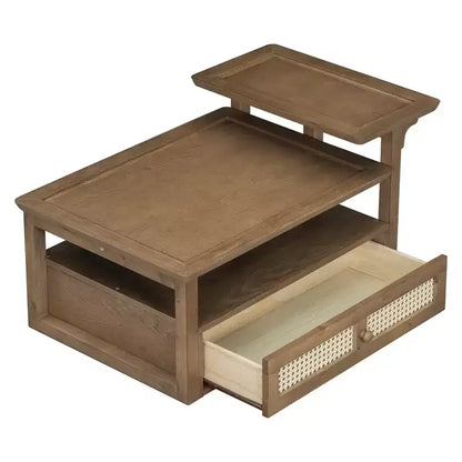 2 Tier Coffee Table with Rattan Drawer, Wood Square Center Table with Storage Shelf and 2 Tabletops for Living Room