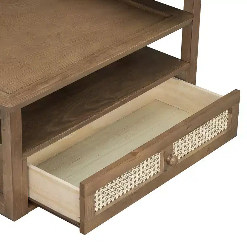 2 Tier Coffee Table with Rattan Drawer, Wood Square Center Table with Storage Shelf and 2 Tabletops for Living Room