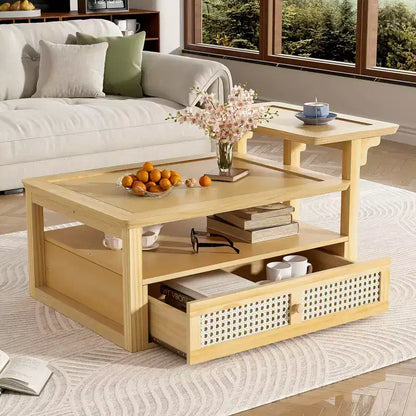 2 Tier Coffee Table with Rattan Drawer, Wood Square Center Table with Storage Shelf and 2 Tabletops for Living Room