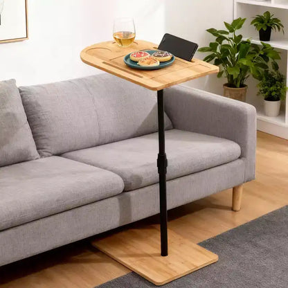 Tray Tables Bamboo Height Adjustable Side Table for Sofa C-shaped Metal Oval End Tables with Slots for Living Room & Bedroom, Simple Assembly, Natural
