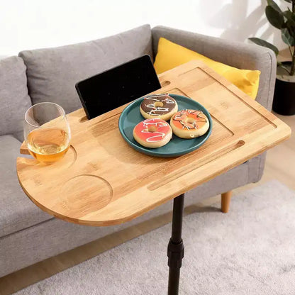 Tray Tables Bamboo Height Adjustable Side Table for Sofa C-shaped Metal Oval End Tables with Slots for Living Room & Bedroom, Simple Assembly, Natural