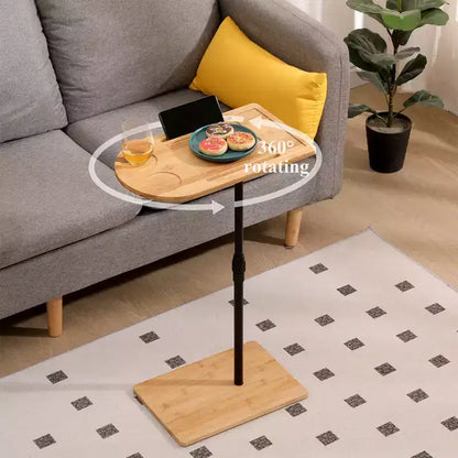 Tray Tables Bamboo Height Adjustable Side Table for Sofa C-shaped Metal Oval End Tables with Slots for Living Room & Bedroom, Simple Assembly, Natural