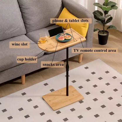 Tray Tables Bamboo Height Adjustable Side Table for Sofa C-shaped Metal Oval End Tables with Slots for Living Room & Bedroom, Simple Assembly, Natural