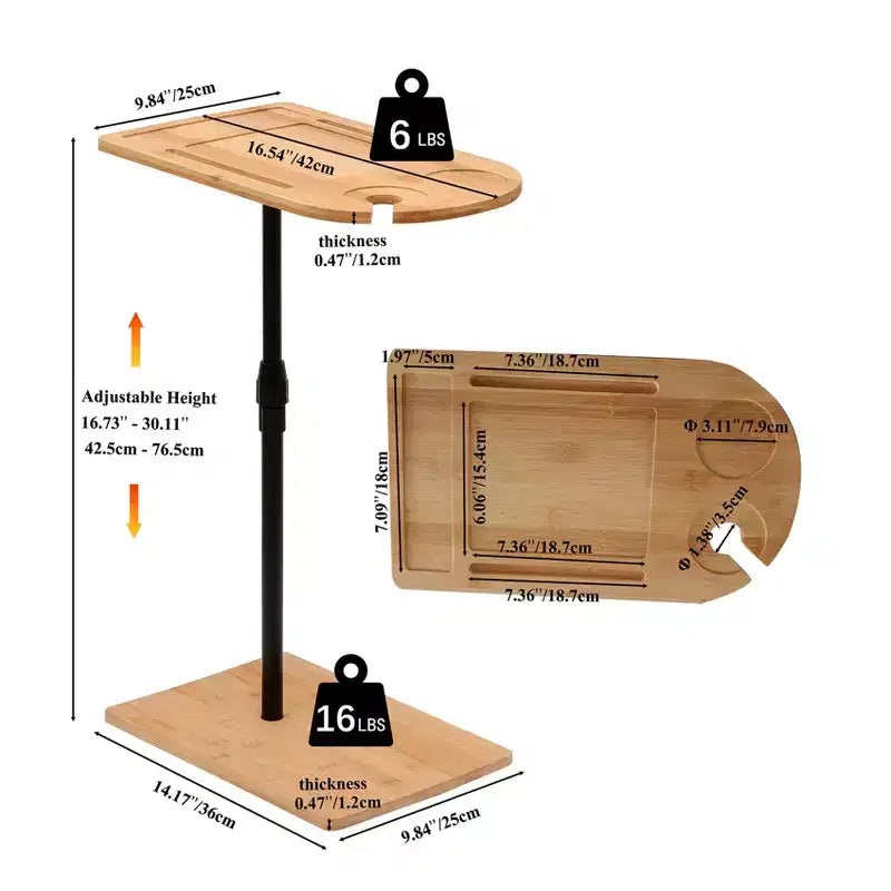 Tray Tables Bamboo Height Adjustable Side Table for Sofa C-shaped Metal Oval End Tables with Slots for Living Room & Bedroom, Simple Assembly, Natural
