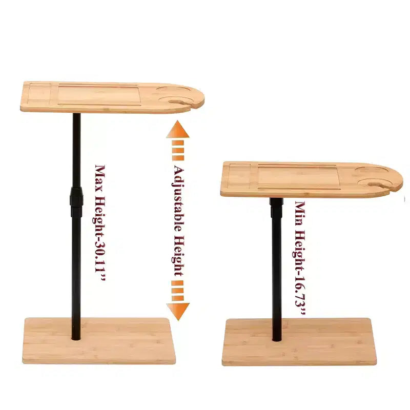 Tray Tables Bamboo Height Adjustable Side Table for Sofa C-shaped Metal Oval End Tables with Slots for Living Room & Bedroom, Simple Assembly, Natural