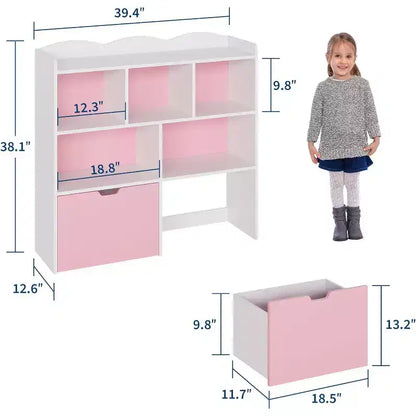 Toys Storage Organizer with Movable Drawers, Kids Bookshelf with Hidden Wheels and 5 Open Cubbies, Multifunctional Floor Storage Chest for Playroom