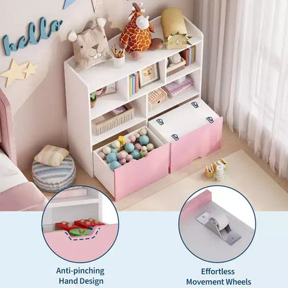 Toys Storage Organizer with Movable Drawers, Kids Bookshelf with Hidden Wheels and 5 Open Cubbies, Multifunctional Floor Storage Chest for Playroom
