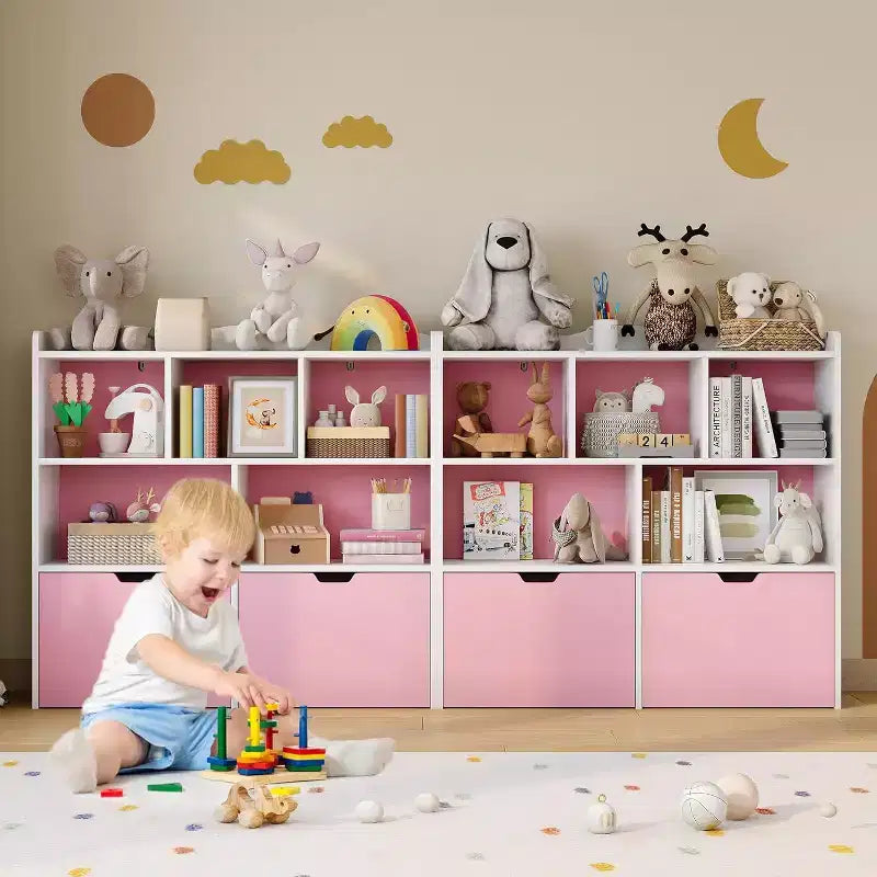 Toys Storage Organizer with Movable Drawers, Kids Bookshelf with Hidden Wheels and 5 Open Cubbies, Multifunctional Floor Storage Chest for Playroom