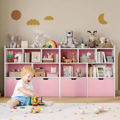 Toys Storage Organizer with Movable Drawers, Kids Bookshelf with Hidden Wheels and 5 Open Cubbies, Multifunctional Floor Storage Chest for Playroom