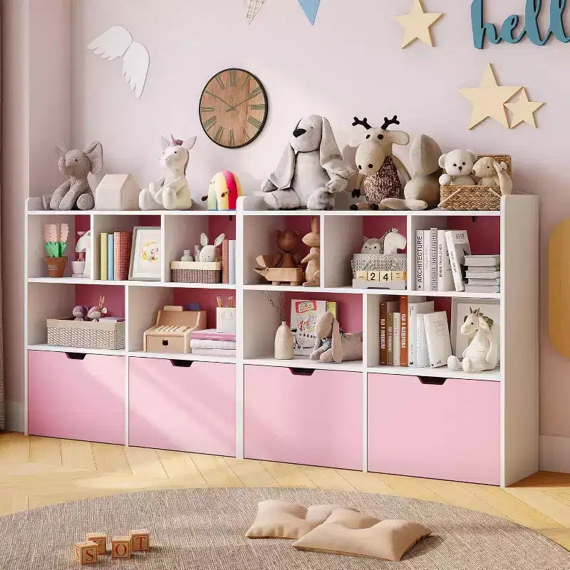 Toys Storage Organizer with Movable Drawers, Kids Bookshelf with Hidden Wheels and 5 Open Cubbies, Multifunctional Floor Storage Chest for Playroom