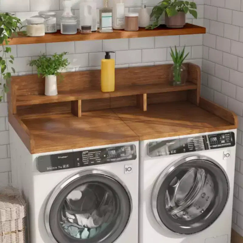 Plan de travail pour laveuse-sécheuse, plateau d'étagère en bois pour buanderie, organisateur double couche peu profond pour comptoir de buanderie avec panier à linge