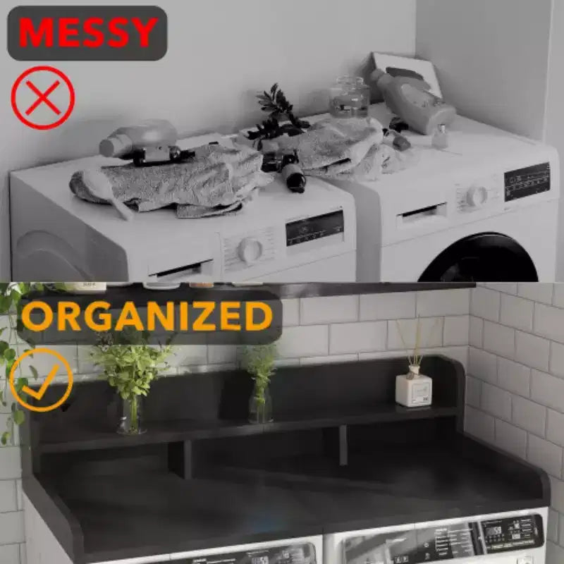 Plan de travail pour laveuse-sécheuse, plateau d'étagère en bois pour buanderie, organisateur double couche peu profond pour comptoir de buanderie avec panier à linge