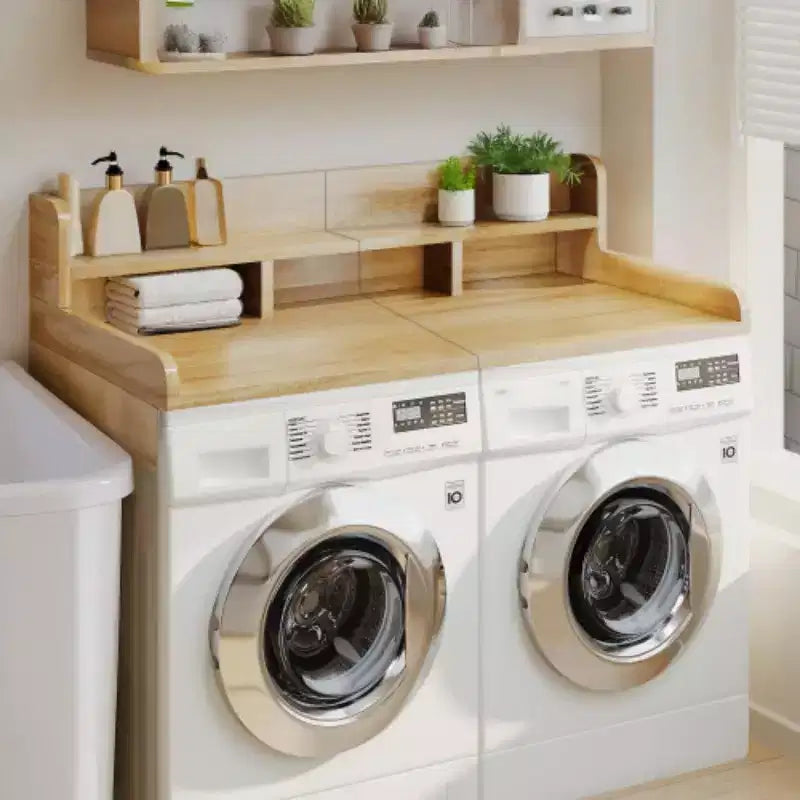 Plan de travail pour laveuse-sécheuse, plateau d'étagère en bois pour buanderie, organisateur double couche peu profond pour comptoir de buanderie avec panier à linge