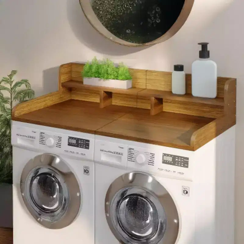 Plan de travail pour laveuse-sécheuse, plateau d'étagère en bois pour buanderie, organisateur double couche peu profond pour comptoir de buanderie avec panier à linge