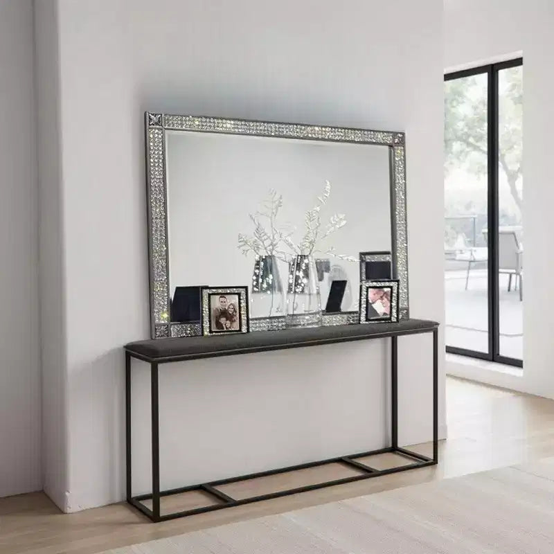 Miroir de commode Royal Hampton, cadre à garniture en cristal, bois massif gris de 46 pouces