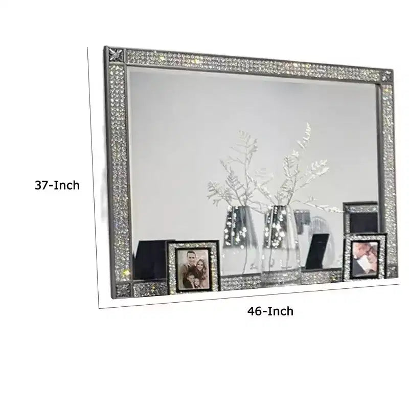 Miroir de commode Royal Hampton, cadre à garniture en cristal, bois massif gris de 46 pouces